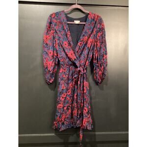 Shoshanna faux wrap long sleeve floral ruffle blue & red v neck mini dress  10